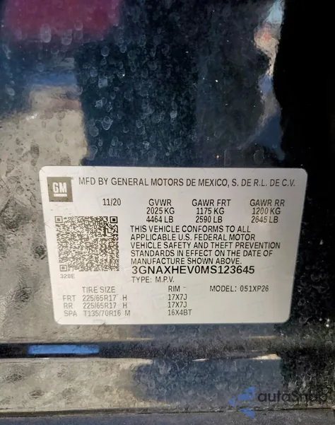 2021 Chevrolet Equinox Ls из США, поврежденный, VIN 3GNAXHEV0MS123645